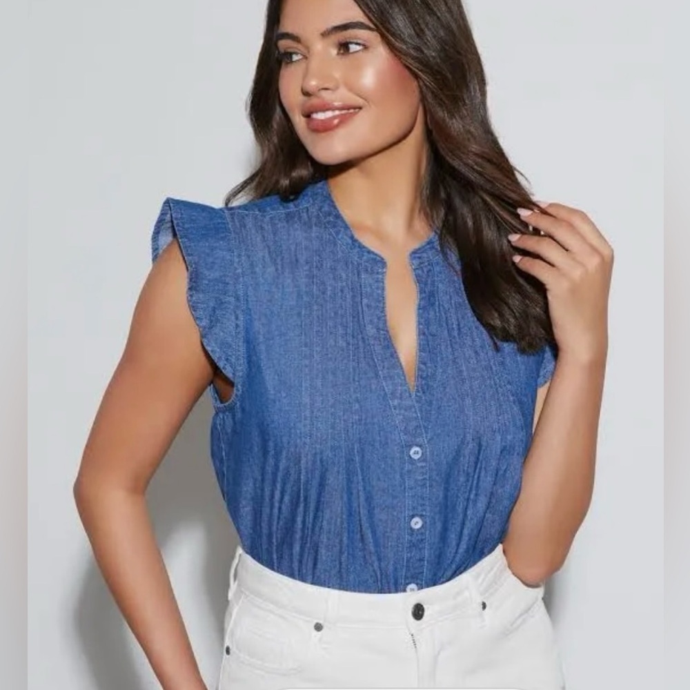 Ajay Blue Denim Button Front Medium Wash Chambray Shirt VICI NWT S #1327-A